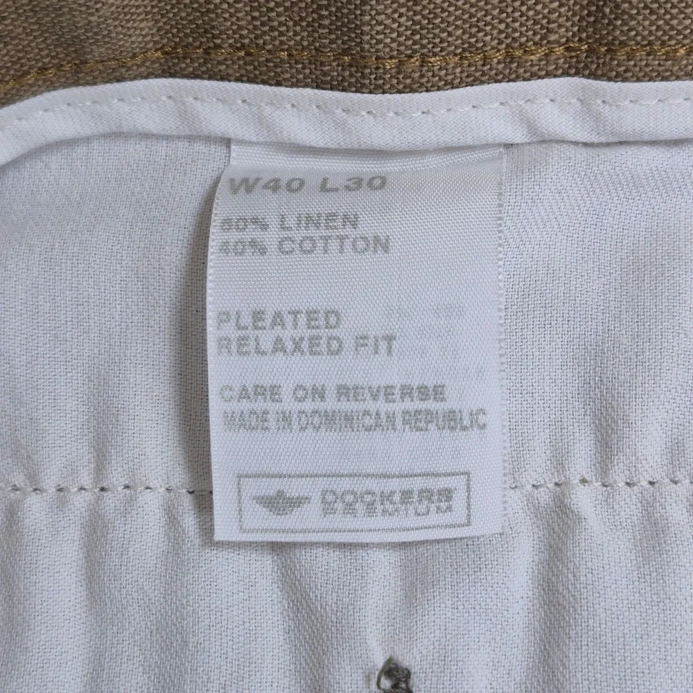 Dockers Pleated Pants Mens‎ 40x30 Brown Linen Cotton Relaxed Fit Cuffed